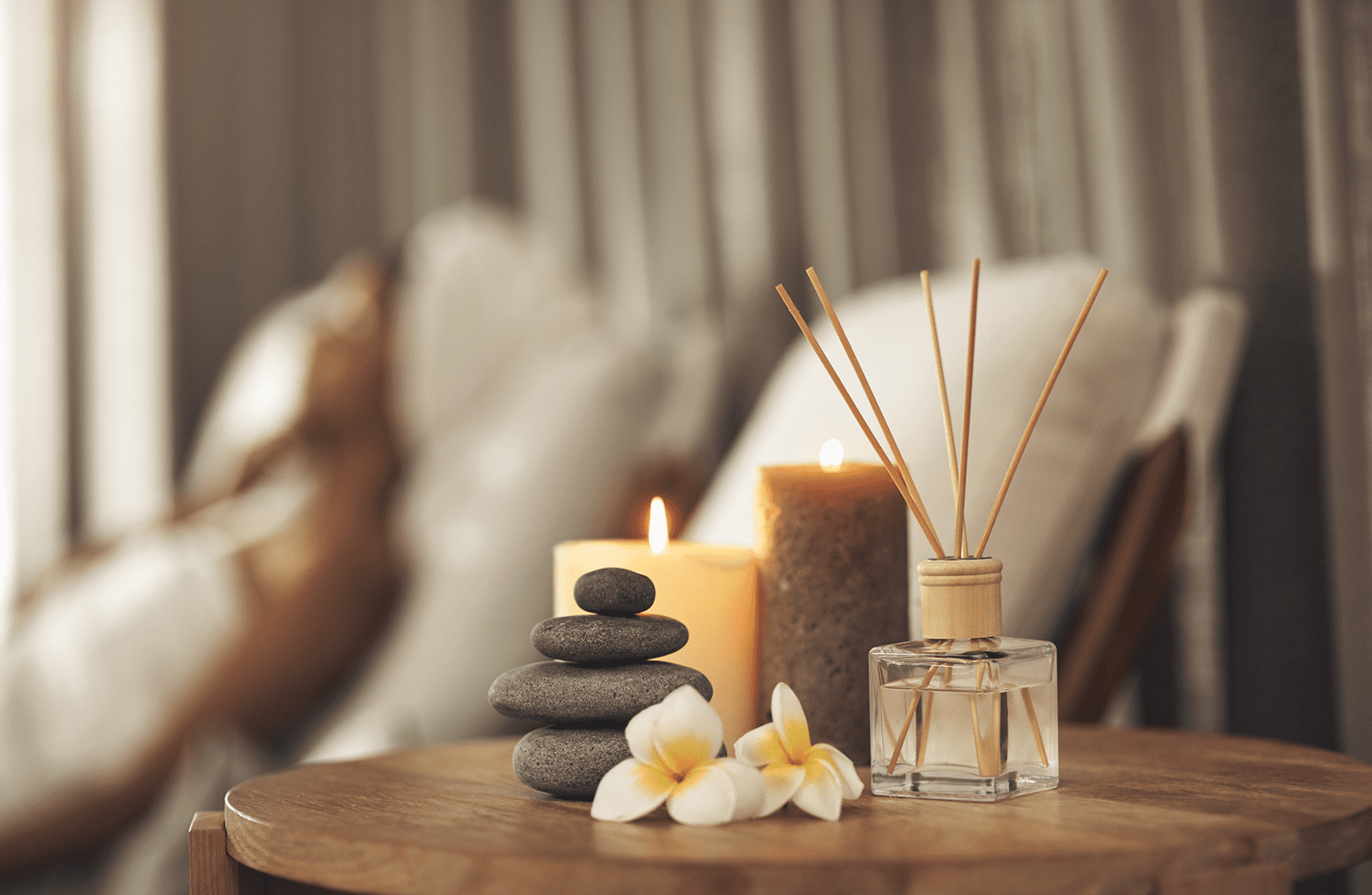 Aromatherapy setup with diffuser and flowers