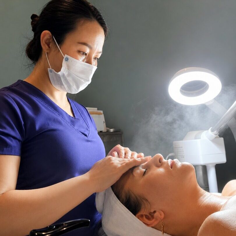 Esthetician performing facial steam treatment