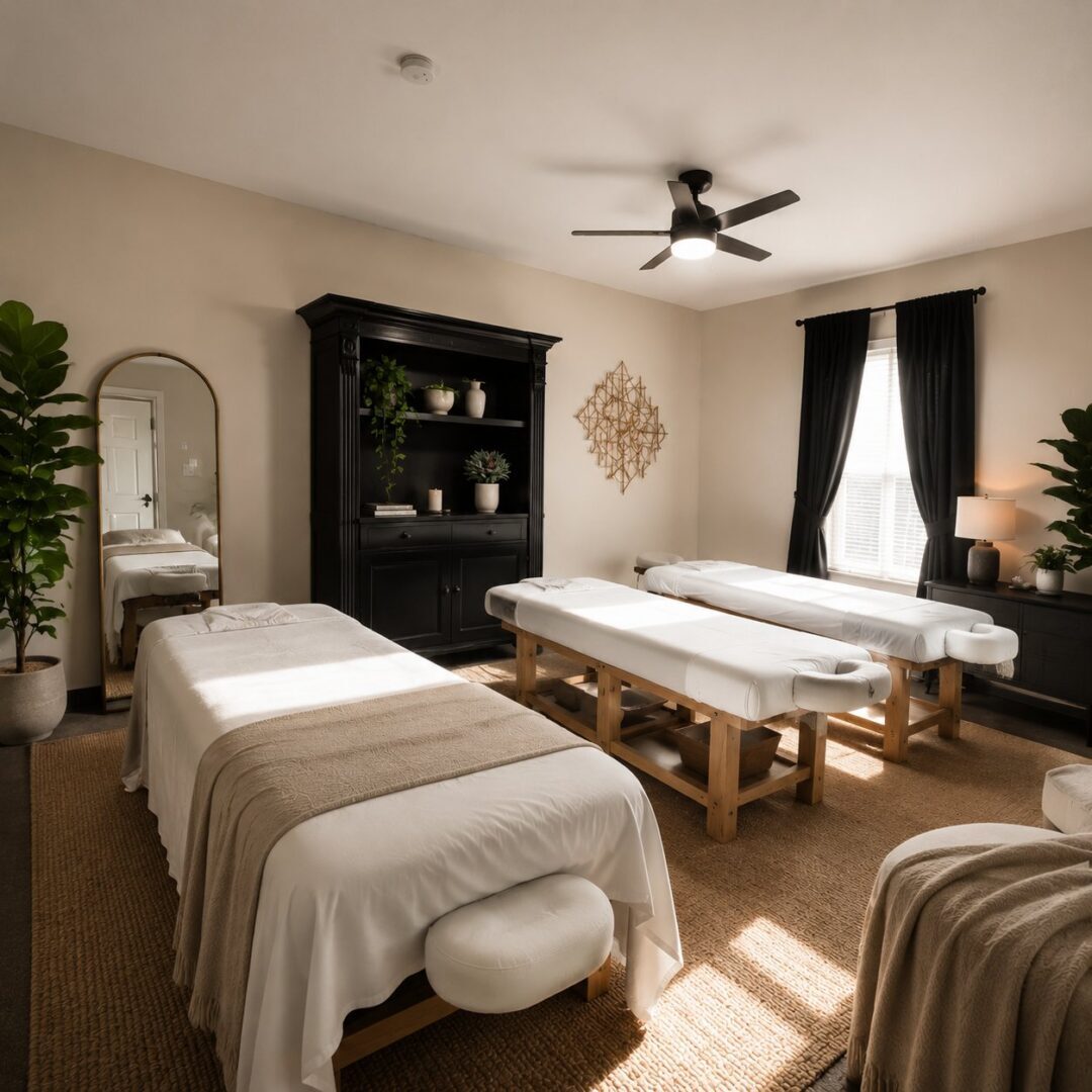 Serene spa room with three massage tables